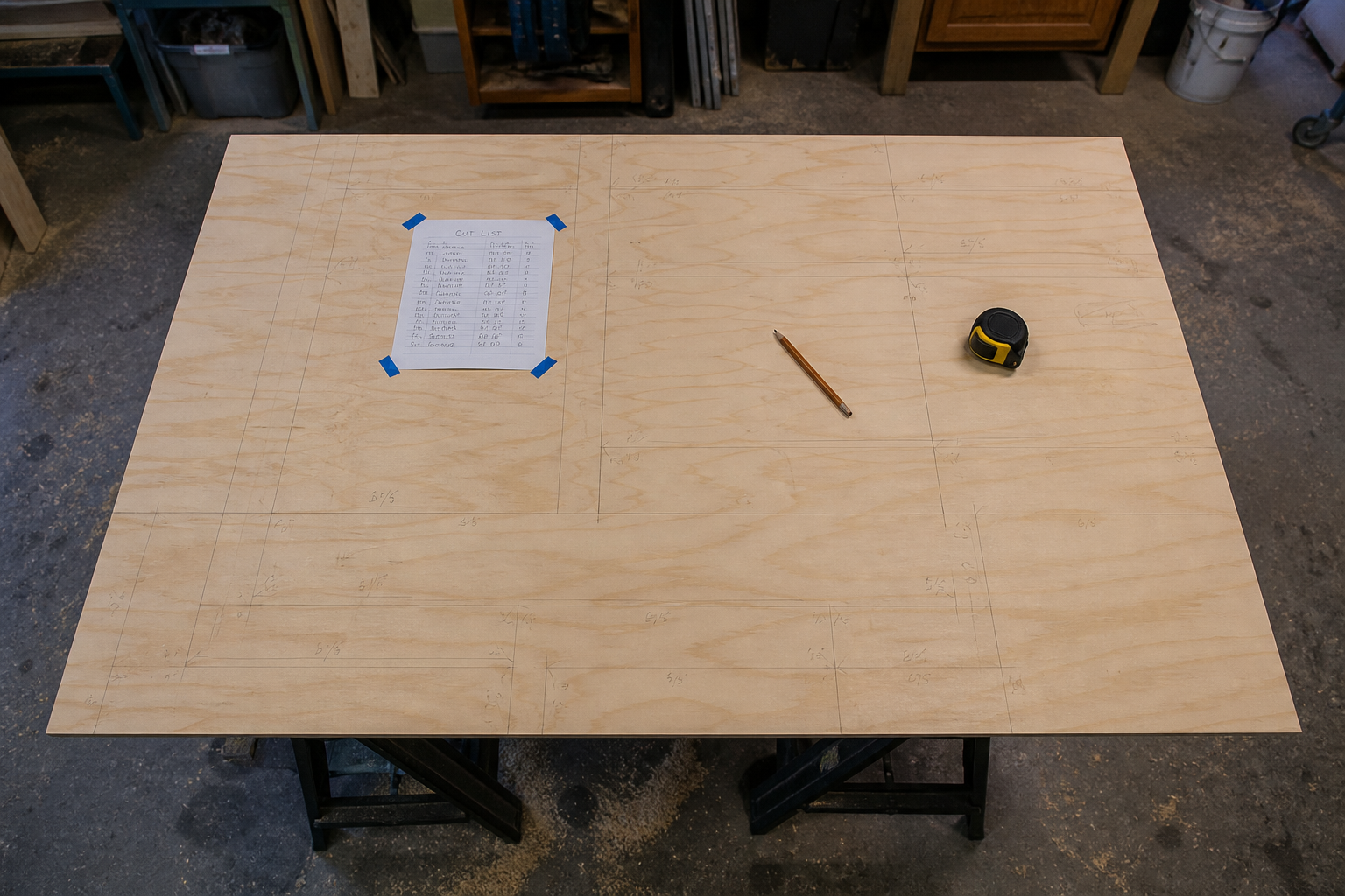 Plywood sheet on sawhorses with a cut list taped down and layout lines marked