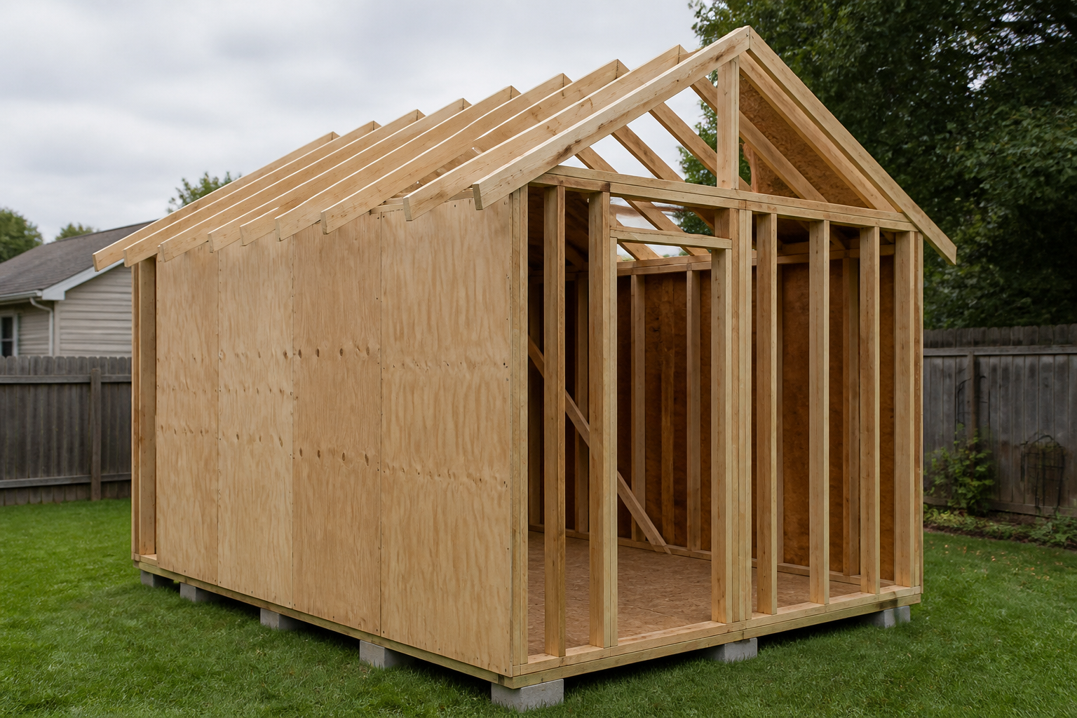 Backyard shed frame going up, plywood on one wall, roof rafters open